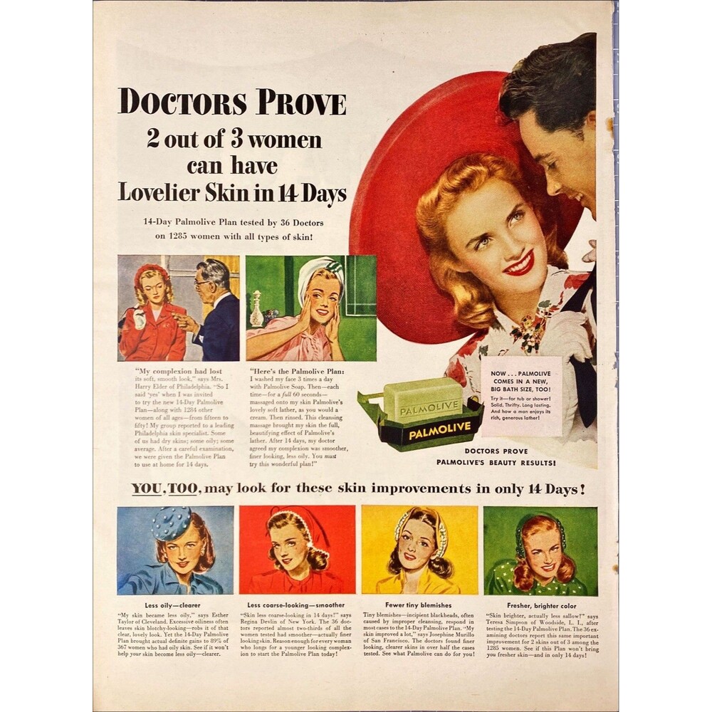Palmolive Bar Soap "14-day Beauty Plan Doctor Recommended" Vintage Print Ad 1945